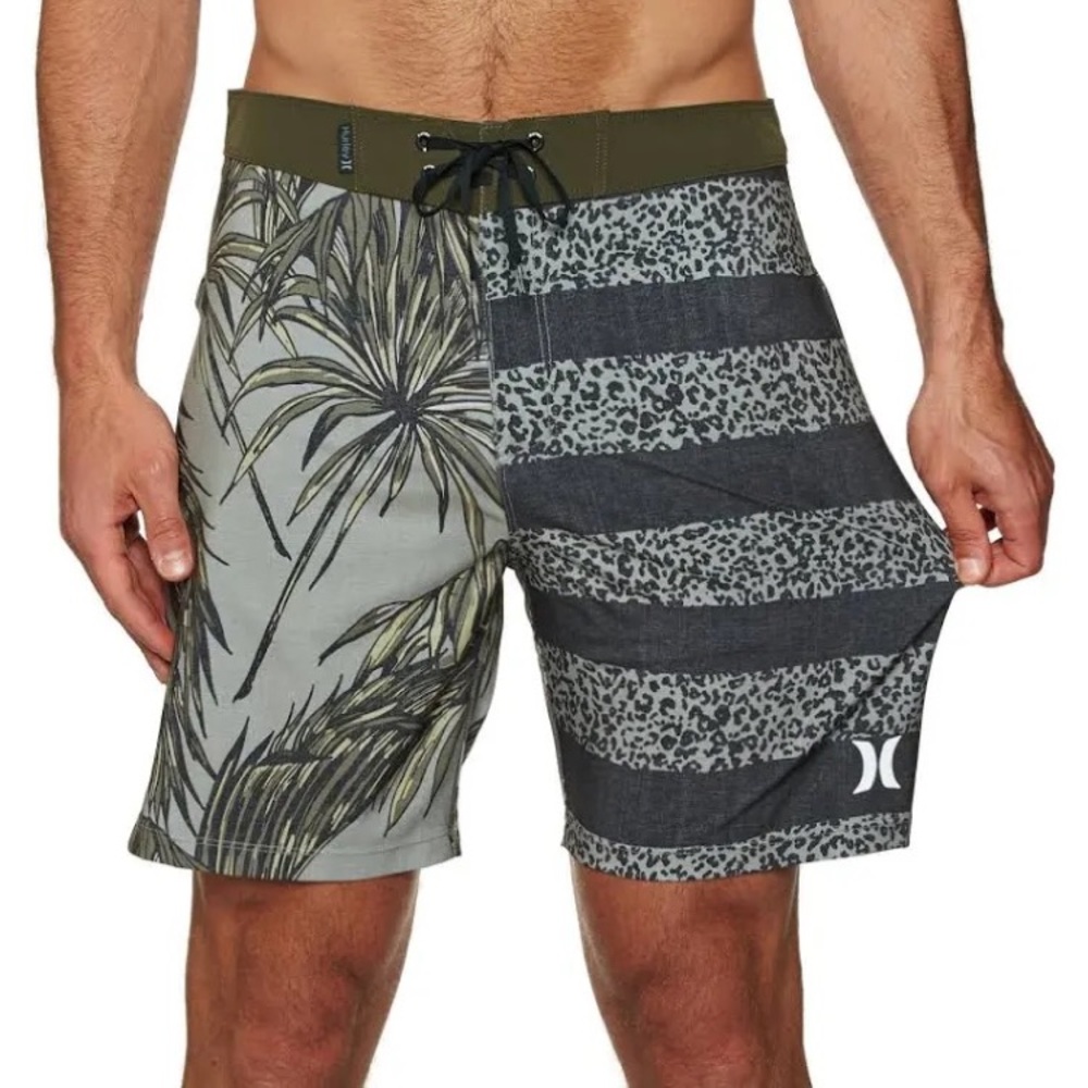Hurley Palm Floral with Cheetah Animal Leopard Print Green & Gray Phantom Swim